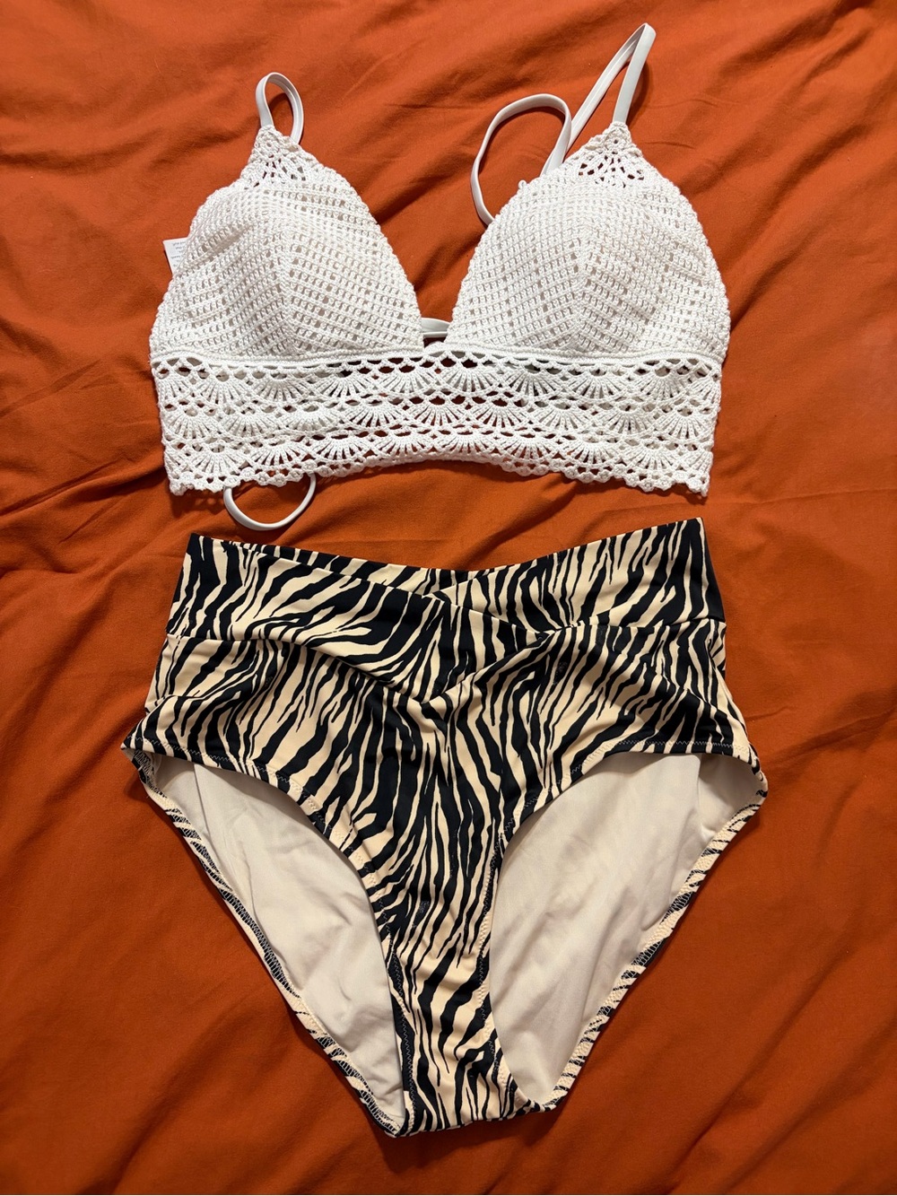 aerie White Crochet Swim Top with Zebra-Print High Waist Bottoms